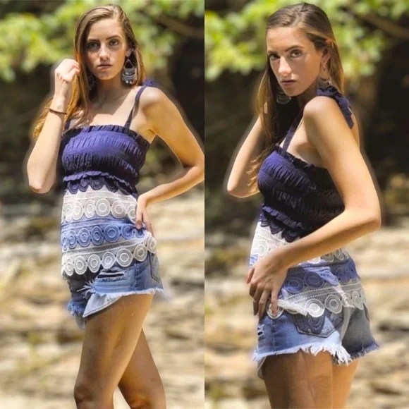 Lulumari Blue & Cream Bow Tie Strap Crochet Lace Top - Picture 8 of 9